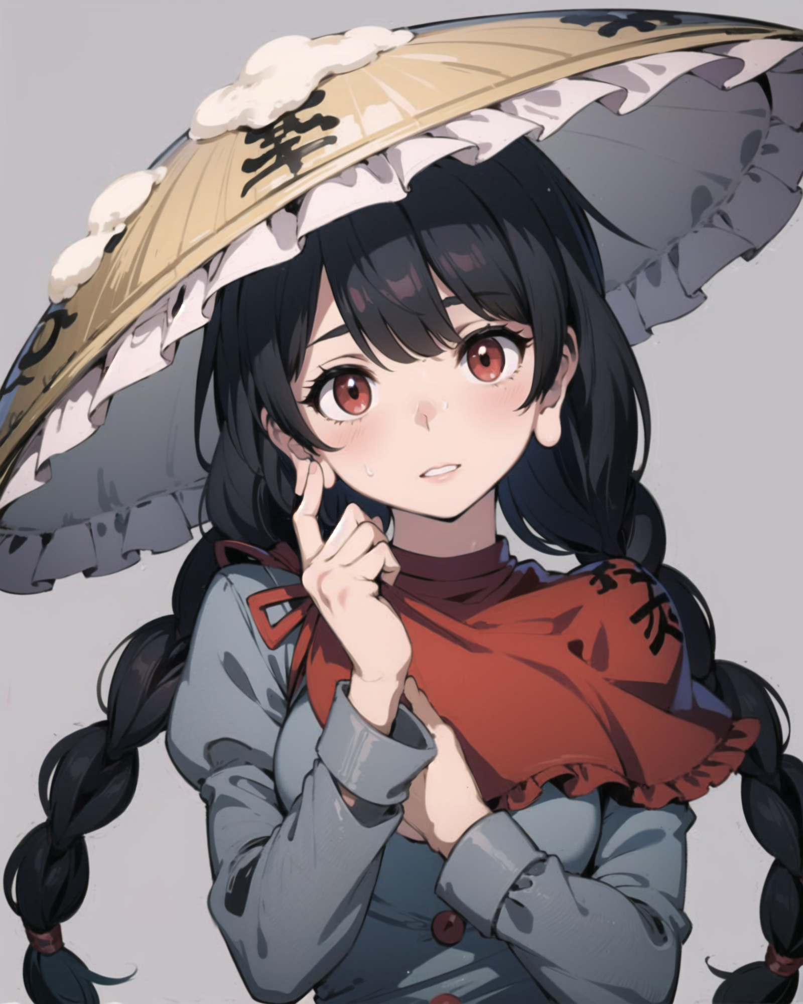00603-863324069-masterpiece, best quality, _lora_NarumiYatadera_1_,1girl,hat,ajirogasa,long hair,black hair,red eyes,twin braids,long earlobes,.png